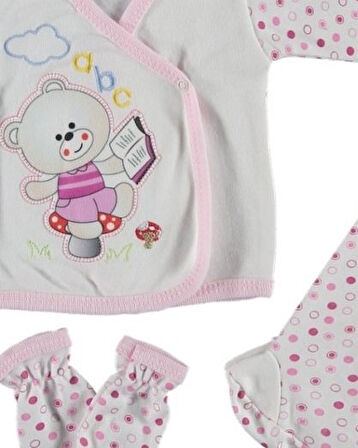 Pamuklu Bebek 5'li Hastane Çıkışı Seti Ayıcık Nakışlı Beşli Bebek Zıbın Seti