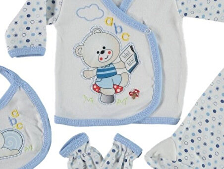 Pamuklu Bebek 5'li Hastane Çıkışı Seti Ayıcık Nakışlı Beşli Bebek Zıbın Seti