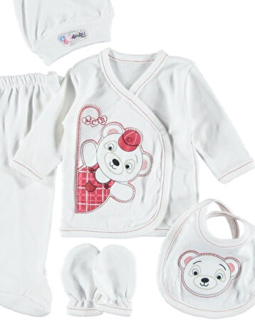 Pamuklu Bebek 5'li Zıbın Seti Panda Nakışlı Hastane Çıkışı