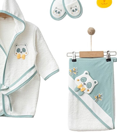 Lüx Bebek Bornoz Seti Panda Pamuklu 1.kalite Kumaş Çocuk Bornoz Takımı 