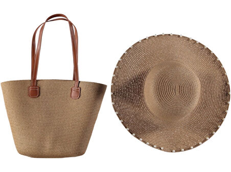 Kadın Hasır Plaj Çanta Şapka Kombin Premium Tasarım Rattan İncili Model 