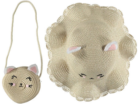 Premium Kız Çocuk Hasır Fötr Şapka Çanta Set The Cats Model 4/8 YAŞ