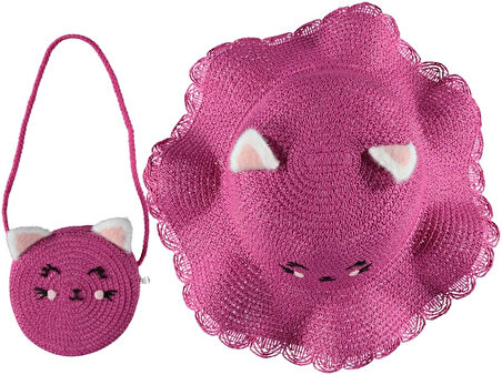 Premium Kız Çocuk Hasır Fötr Şapka Çanta Set The Cats Model 4/8 YAŞ