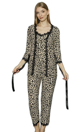 Leopar Şıklığıyla 3’lü Set Pamuklu Kadın Pijama Takımı 