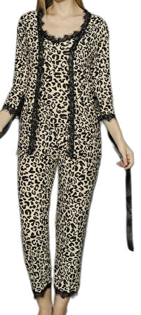 Leopar Şıklığıyla 3’lü Set Pamuklu Kadın Pijama Takımı 