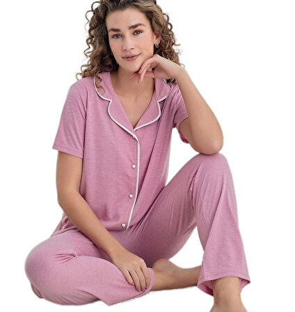 Lena Soft Tasarım Düğmeli Kısa Kollu Kadın Pijama Takımı Terletmeyen Kumaş S/XXL