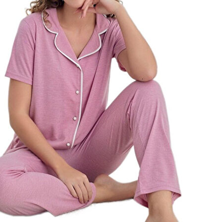 Lena Soft Tasarım Düğmeli Kısa Kollu Kadın Pijama Takımı Terletmeyen Kumaş S/XXL