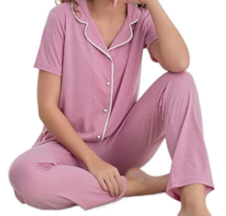 Lena Soft Tasarım Düğmeli Kısa Kollu Kadın Pijama Takımı Terletmeyen Kumaş S/XXL