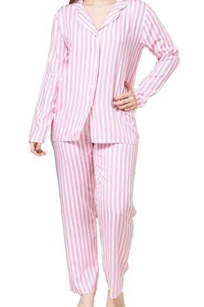 LUNARIA Tasarım Boydan Düğmeli Uzun Kollu Kadın Pijama Takımı Rahat Kalıp S/3XL
