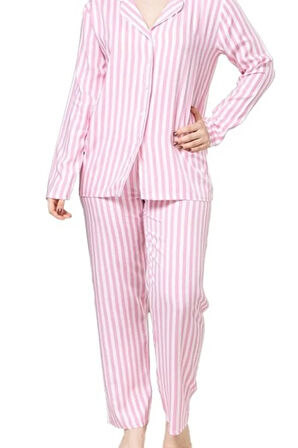 LUNARIA Tasarım Boydan Düğmeli Uzun Kollu Kadın Pijama Takımı Rahat Kalıp S/3XL
