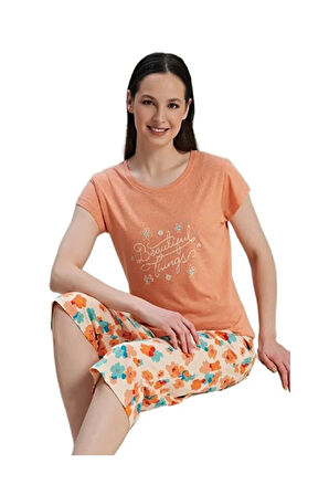 Bellora Tasarım Kadın Pijama Takımı Kapri Alt Kısa Kollu Üst Yazlık Rahat Takım S–XL