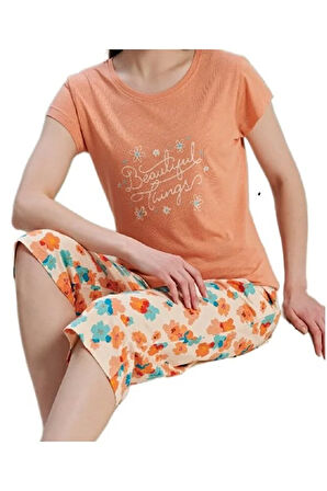 Bellora Tasarım Kadın Pijama Takımı Kapri Alt Kısa Kollu Üst Yazlık Rahat Takım S–XL
