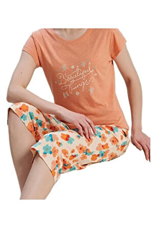 Bellora Tasarım Kadın Pijama Takımı Kapri Alt Kısa Kollu Üst Yazlık Rahat Takım S–XL