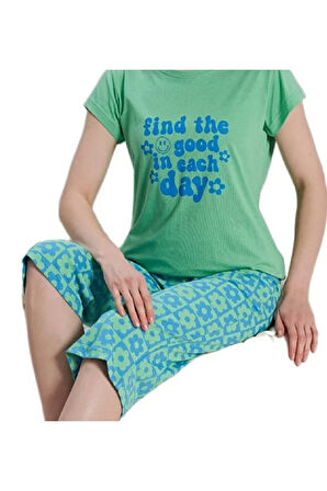 Notte Mia Tasarım Kaprili Kadın Pijama TakımYazlık Pamuklu 2’li Set S–XL Rahat