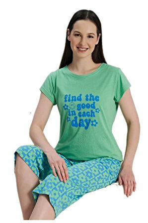 Notte Mia Tasarım Kaprili Kadın Pijama TakımYazlık Pamuklu 2’li Set S–XL Rahat