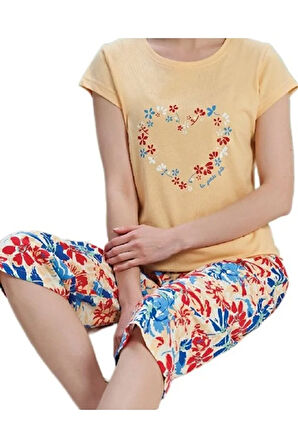 Fiore Notturno Tasarım Kaprili Kadın Pijama Takımı Pamuklu Yazlık M/XXL