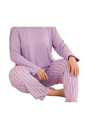 VIVARA Pamuklu Büyük Beden Kadın Pijama Takımı Uzun Kollu Nefes Alabilir Rahat Kalıp 3XL-5XL