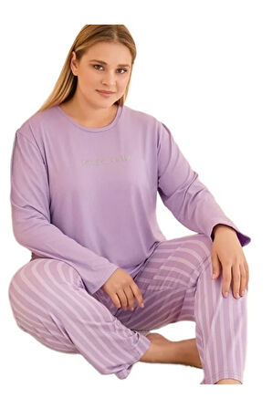 VIVARA Pamuklu Büyük Beden Kadın Pijama Takımı Uzun Kollu Nefes Alabilir Rahat Kalıp 3XL-5XL