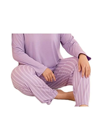 VIVARA Pamuklu Büyük Beden Kadın Pijama Takımı Uzun Kollu Nefes Alabilir Rahat Kalıp 3XL-5XL