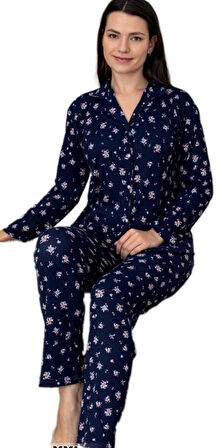 Bianca Kadın Pijama Takımı Gömlek Yaka Önden Düğmeli Uzun Kollu Yumuşak Nefes Alan KumaşM–2XL