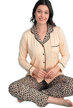 Aurora Kadın Pijama Takımı Uzun Kol Önden Düğmeli Yumuşak Nefes Alan KumaşS–2XL