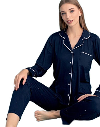 Valentina Kadın Pijama Takımı Uzun Kollu Önden Düğmeli Yumuşak Nefes Alan Kumaş S–2XL