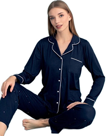 Valentina Kadın Pijama Takımı Uzun Kollu Önden Düğmeli Yumuşak Nefes Alan Kumaş S–2XL
