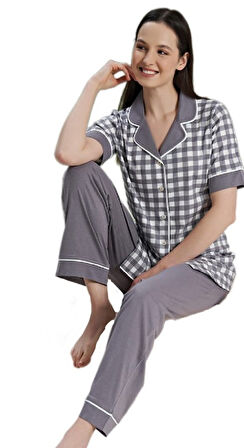 Kadın Kısa Kollu Önden Düğmeli Pijama Takımı S/XL Celeste Mare Yumuşak Konforlu Ev Giyim Hediyelik