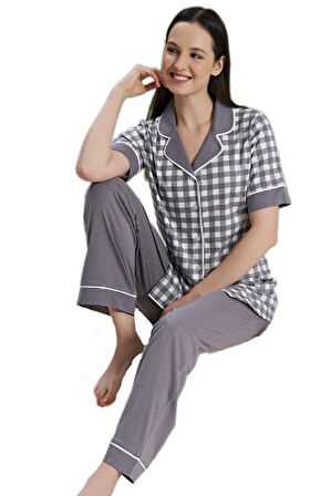 Kadın Kısa Kollu Önden Düğmeli Pijama Takımı S/XL Celeste Mare Yumuşak Konforlu Ev Giyim Hediyelik