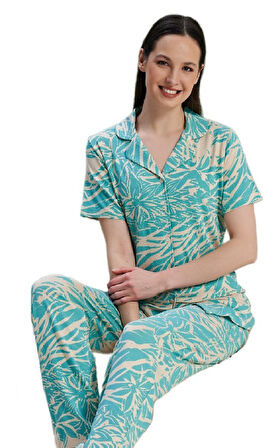 Kadın Pijama Takımı Kısa Kollu Düğmeli Viskon Mira Model S/XL