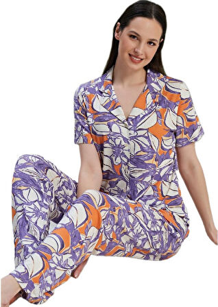 Kadın Pijama Takımı Kısa Kollu Düğmeli Viskon Viskoni Model M/2XL