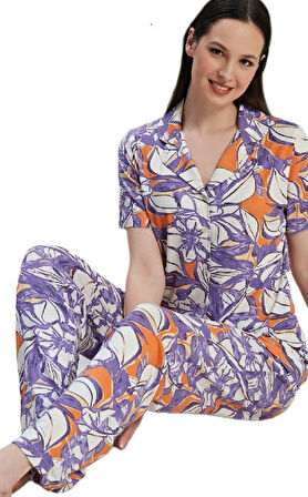 Kadın Pijama Takımı Kısa Kollu Düğmeli Viskon Viskoni Model M/2XL