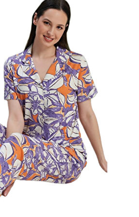 Kadın Pijama Takımı Kısa Kollu Düğmeli Viskon Viskoni Model M/2XL