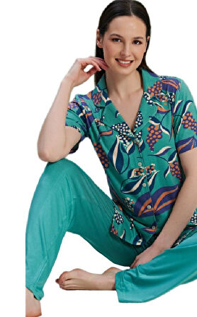 Kadın Pijama Takımı Kısa Kollu Önden Düğmeli Elara Model M/2XL