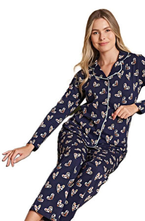 Valeria Milano Tasarım Kadın Önden Düğmeli Uzun Kollu Pijama Takımı Rahat Kışlık Ev Giyim Hediyelik