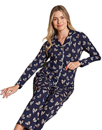 Valeria Milano Tasarım Kadın Önden Düğmeli Uzun Kollu Pijama Takımı Rahat Kışlık Ev Giyim Hediyelik