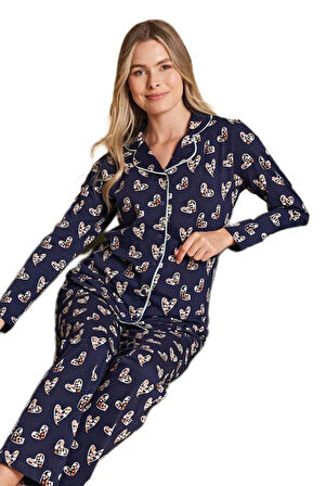 Valeria Milano Tasarım Kadın Önden Düğmeli Uzun Kollu Pijama Takımı Rahat Kışlık Ev Giyim Hediyelik