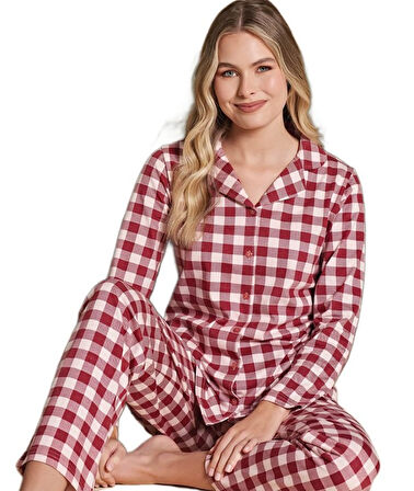 Kadın Önden Düğmeli Uzun Kollu Kışlık Pijama Takımı Elena Moretti Rahat Ev Giyim Hediyelik