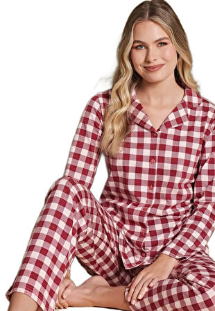 Kadın Önden Düğmeli Uzun Kollu Kışlık Pijama Takımı Elena Moretti Rahat Ev Giyim Hediyelik