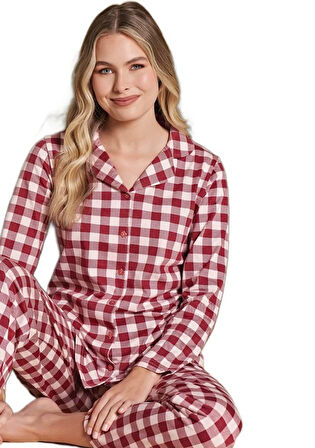 Kadın Önden Düğmeli Uzun Kollu Kışlık Pijama Takımı Elena Moretti Rahat Ev Giyim Hediyelik