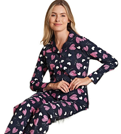 Kadın Önden Düğmeli Uzun Kollu Pijama Takımı S/XL Alessia Verona Rahat Ev Giyim Kışlık Hediyelik