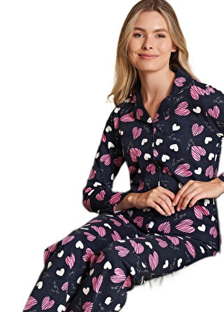 Kadın Önden Düğmeli Uzun Kollu Pijama Takımı S/XL Alessia Verona Rahat Ev Giyim Kışlık Hediyelik