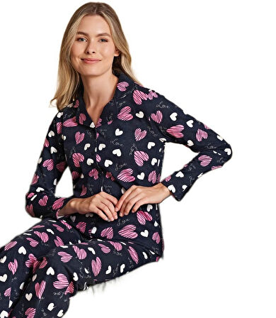 Kadın Önden Düğmeli Uzun Kollu Pijama Takımı S/XL Alessia Verona Rahat Ev Giyim Kışlık Hediyelik