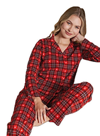 Kadın Önden Düğmeli Uzun Kollu Kışlık Ekose Pijama Takımı Chiara Bellini Rahat Ev Giyim Hediyelik