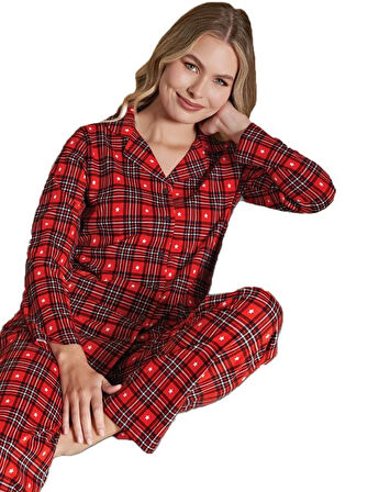Kadın Önden Düğmeli Uzun Kollu Kışlık Ekose Pijama Takımı Chiara Bellini Rahat Ev Giyim Hediyelik