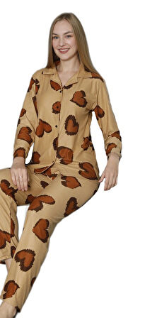 Kadın Süet Kumaş Gömlek Yaka Kışlık Pijama Takımı Bianca Lorenzi Rahat Ev Giyim Hediyelik