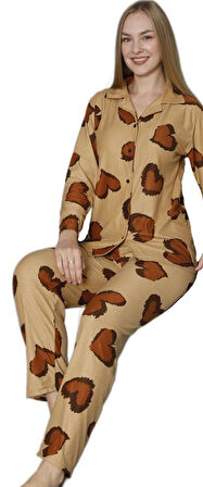 Kadın Süet Kumaş Gömlek Yaka Kışlık Pijama Takımı Bianca Lorenzi Rahat Ev Giyim Hediyelik