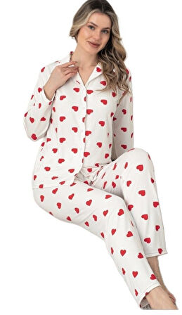 Kadın Uzun Kollu Gömlek Yaka Pijama Takımı  Allegra Rosso Tasarım Rahat Ev Giyim Hediyelik M/2XL