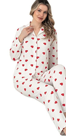 Kadın Uzun Kollu Gömlek Yaka Pijama Takımı  Allegra Rosso Tasarım Rahat Ev Giyim Hediyelik M/2XL