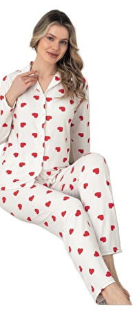 Kadın Uzun Kollu Gömlek Yaka Pijama Takımı  Allegra Rosso Tasarım Rahat Ev Giyim Hediyelik M/2XL